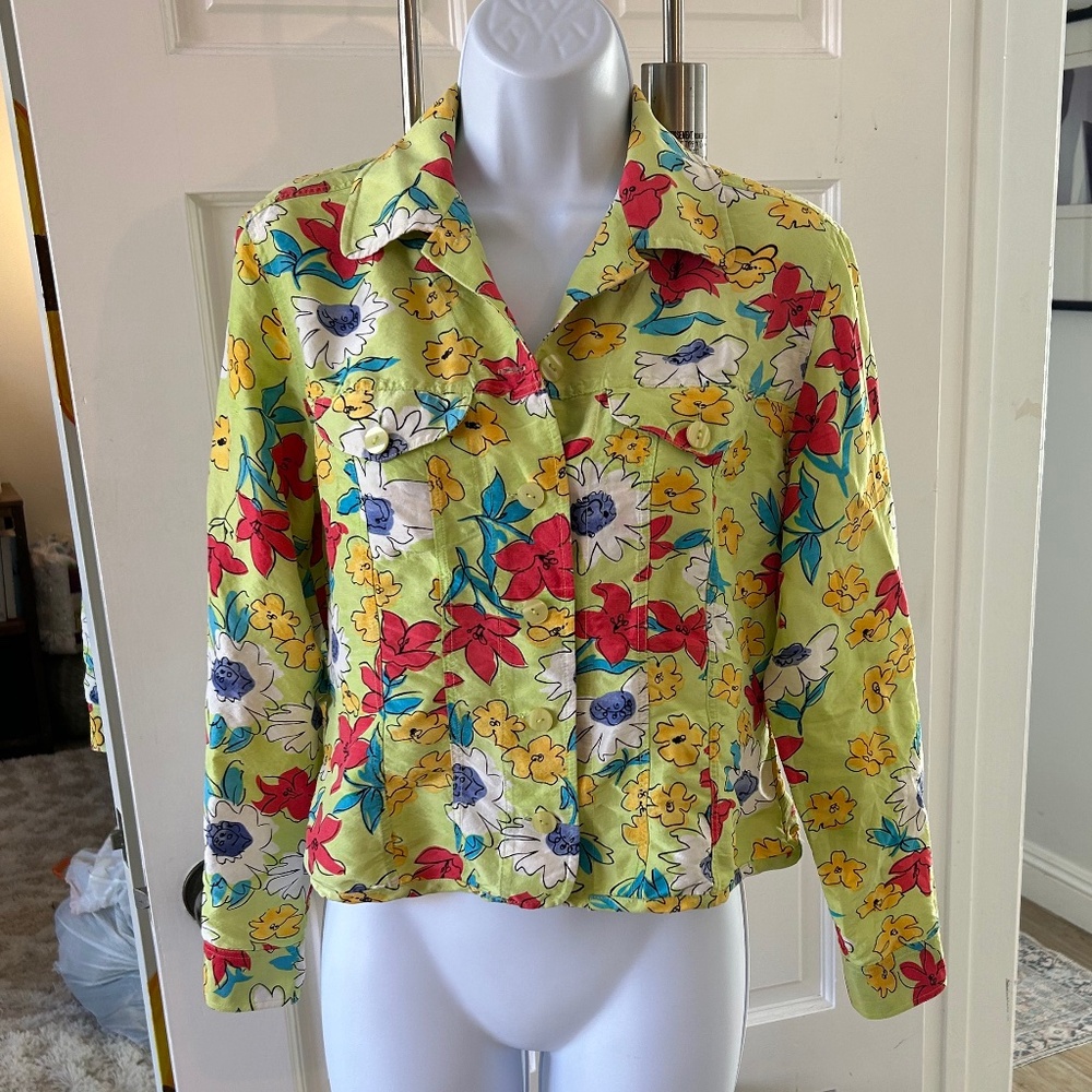 Vintage Transitions Petite Silk Green Floral Jacket Shirt